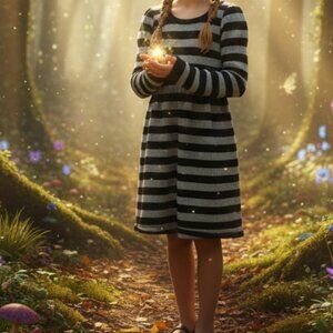 Black Silver Striped Skater Ribbed Knit Puff Classic Girls 14 Sweater Dress